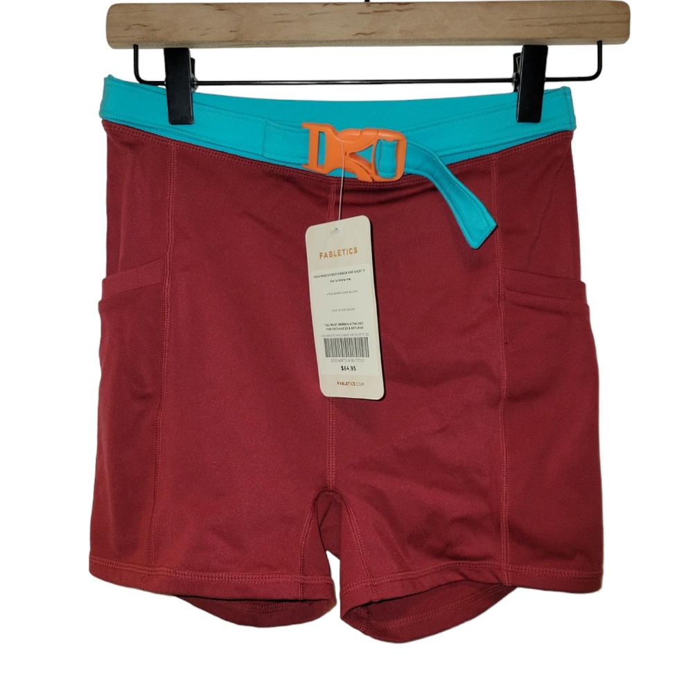 Fabletics, NWT, High-Waisted Motion 360 Hike Short, Maroon + Turq, Women's Sz S,